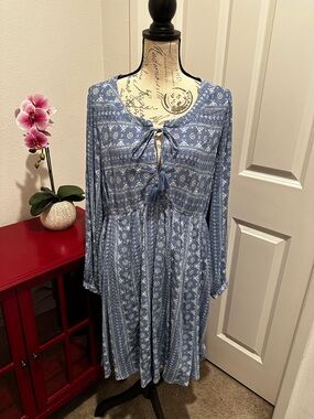 torrid Blue Printed Long Sleeve Tie-Front Boho Dress
